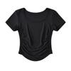 Camiseta de manga corta con dobladillo curvo arqueado para mujer, estilo europeo y americano, sexy, con cuello redondo y plisado, novedad de verano de 2023