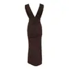 Vestido FCB transfronteiriço estilo europeu e americano elegante marrom decote V profundo sem mangas para mulheres, primavera/verão, com alças fluidas, design patchwork, cintura alta e comprimento longo, de tricô