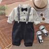 2025 Roupas Infantis Bonitas para Meninos 1-5 Anos Roupa Infantil Estilo Ocidental Estilo Britânico Calças com Alças Conjunto de Duas Peças Camisa Infantil com Laço