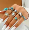 Anillo de Pluma Turquesa Tallada Estilo Étnico Europeo y Americano Transfronterizo, Conjunto de Anillos Personalizados Retro, Conjunto de Anillos Combinados