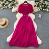 Vestido Francês Resistente com Pedrarias e Diamantes, Gola Redonda, Mangas Bufantes para Mulheres, Verão 2025, Cintura Marcada, Elegante, Saia Longa Plissada
