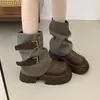 Botas Martin de retazos de cuero y tela, estilo nuevo 2026, doble hebilla, para mujer, estilo británico, suela gruesa, tacón grueso, botines, efecto adelgazante