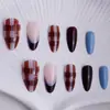 Uñas Portátiles Transfronterizas, Uñas Portátiles a Cuadros Azul Claro Transparente Café Más Vendidas, Manicura de Uñas Postizas de Forma Almendrada de Longitud Media con Degradado