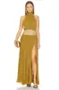 Vestido de noite longo estilo europeu ligeiramente maduro, gola alta, decote halter, alças para amarrar, strass, cinto de cintura vazado, vestido formal de chiffon drapeado