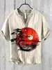 Nueva Camisa Hawaiana para Hombre Paisaje con Tinta Estampado de Sol Transfronteriza Europea y Americana Camisa de Lino de Bambú de Manga Corta con Cuello en V