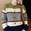 Cardigan Tricô Color Block Listrado Design Moderno para Mulheres Outono/Inverno Nova Chegada Cor Contrastante Versátil Casaco Suéter