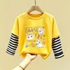 Nova Camiseta de Algodão Puro Patchwork com Gola Redonda e Manga Longa para Crianças, Estilo Fino, Primavera e Outono 2026, Meninas, Desenho Animado, Top Versátil