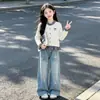 Nova coleção de primavera e outono: Cardigan de manga longa patchwork estilo preppy para meninas e calça jeans doce com estampa de estrelas, um conjunto de duas peças
