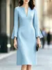 Vestido Feminino Elegante de Cor Sólida, Gola V, Manga Flare, Cintura Marcada, Comprimento Médio, Formal, Novo, Transfronteiriço Europeu e Americano, para o Trabalho, 2026