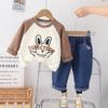 Camisa infantil casual de manga comprida para primavera 2024 Primavera e Outono nova infantil cartoon combinação de cores gola redonda listrada jeans de bebê