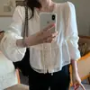 Blusa feminina de alta costura Dongdaemun, coreana, de caimento solto, com babados, renda e retalhos, de manga longa com botões de abotoamento simples
