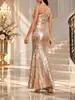 Vestido Largo de Lentejuelas de Sirena de un Solo Hombro de Lujo Ligero para Comercio Exterior Europeo y Americano, con Abertura Alta, Ajustado a la Cadera, Largo para Banquete, Boda, Vestido de Noche