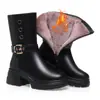 Sapatos Quentes com Forro de Lã para Mãe com Fivela, Botas de Inverno de Algodão Femininas, Salto Bloco, Botas de Cano Médio com Solado Grosso, Venda por Atacado Disponível