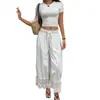 Calça Pantalona Estilo Boho com Cintura Elástica, Caimento Solto, Calça Casual, Confortável para Todas as Estações, Adequada para Viagem