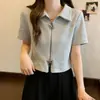 Dulce y Fresco Verano Nuevo Estilo Top Retro Picante de Manga Corta para Mujer con Cremallera de Mariposa, Versátil y Adelgazante