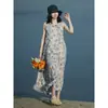 Vestido sin mangas floral azul para mujer, estilo veraniego suave y casual, vestido largo de algodón y lino