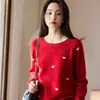 26º Outono/Inverno Novo Suéter de Tricô Gola Redonda Lã Pura Manga Longa Feminino Padrão de Coração Pulôver Solto Camisa Base Top