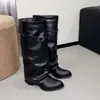 Botas Altas Negras para Mujer 2026 Primavera y Otoño Nuevas Botas Altas Arrugadas para Charcos Tacón Grueso Botas Altas Vaqueras Occidentales