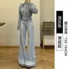 Calça esportiva flare estilo americano para mulheres Outono 2026, nova calça de moletom casual de cintura alta, corte justo, perna larga