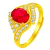 Anillo de rubí con diseño en forma de corazón chapado en oro, abierto, de moda, alegre, romántico, con grupo de diamantes rojos incrustados, anillo de circonita