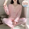 Pijama Derong Estilo Mujer con Almohadillas en el Pecho Otoño e Invierno Engrosado Encaje Cárdigan Manga Larga Estilo Coreano Estilo Princesa Conjunto de Ropa para el Hogar