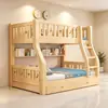 Cama alta y baja de pino de madera maciza Cama litera para niños con estantería Cajones Barandilla de estrella Cama de doble capa superior e inferior de madera maciza