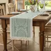 Caminho de Mesa, Estoque Disponível, Jacquard Ornamental Damasco de Poliéster com Franja de Borlas, Vários Designs Disponíveis para Sala de Jantar, Casamento, Festa e Decoração de Casa, Fornecimento Direto da Fábrica