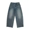 Jeans lavados estilo retro americano JIAMU para hombres y mujeres, pantalones anchos holgados vintage azules de pierna ancha y corte curvo, versátiles para el estilo callejero de otoño e invierno