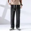 Jeans de mezclilla delgados lavados de pierna recta holgados para hombre, pantalones casuales de color liso de pierna ancha de marca moderna para verano-otoño
