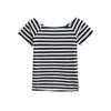 8060-25 Azul Marinho Listrado Encaracolado Camiseta de Manga Curta Top Gola de Uma Linha Manga Curta Manga Média Camiseta Base Camiseta
