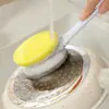 Esponja com Cabo Longo para Limpar Panelas Escova de Lavar Louça de Cozinha Dupla Face Removedor de Manchas Fortes Esponja de Limpeza Cabeça de Escova Substituível