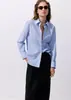 Camisa de rayas azul claro con cuello, best-seller transfronterizo europeo y americano para mujer, cárdigan de botones de manga larga, corte holgado, versátil para el trabajo y el uso diario