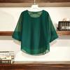 Camisa de Chiffon de Cor Sólida de Verão com Decote Redondo e Mangas Três Quartos Plus Size para Mulheres Gordas, Estilo Solto e Emagrecedor, Blusa Top para Cobrir a Barriga