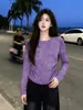 Camiseta de Manga Larga con Cuello Redondo, Tie-Dye Morado Desgastado, Hombro Normal, Corte Ajustado, Fruncida, Estilo Trendy, Individualista, Dulce y Picante, para Mujer, Otoño