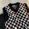 Primavera y Verano Nuevo Chaleco Tejido para Mujer a Cuadros con Cuello en V Top Estilo Holgazán Suéter Chaqueta Superpuesta