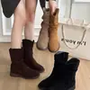 Botas de Cowboy Vaqueras Retro de Gamuza Simples para Mujer 2026 Otoño Tacón Grueso Fruncidas Apiladas Tacón Medio Botas de Montar Botines