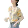 Promoção de Saída Etiqueta da Marca Cortada Estilo Francês Elegante Camisa de Seda Estampada de Manga Curta para Mulheres Verão