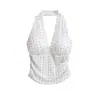 26074-26 Outono Estilo Coreano Slim Fit Decote V Profundo Malha Poá Gola Halter Costas Nuas Camisola