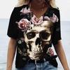 Outlet de Fábrica Camiseta Feminina de Manga Curta com Caveira Camisa Casual, Camiseta Feminina Gola V, Nova Moda