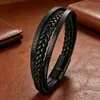 Pulsera Popular Transfronteriza de Cuero Trenzado de Doble Capa con Hebilla de Metal Negro Mate, Accesorio de Muñeca para Hombre Apilable de Estilo Oscuro Lujo Ligero