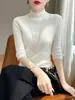 Camiseta Feminina de Tricô com Gola Alta Meia-Boca e Manga Curta, Top de Verão com Manga Curta para Mulheres, Camiseta de Base de Alta Qualidade