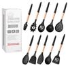 Novo Conjunto Pronto de Utensílios de Cozinha de Silicone com Cabo de Madeira Médio 10 Peças Conjunto de Utensílios de Cozinha de Silicone Preto Utensílios de Cozinha