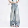 Pantalones Casuales Versátiles Ccnz Nuevos Blancos Estilo Retro Coreano Americano Sueltos de Cintura Alta Pierna Ancha con Estampado de Primavera Algodón