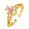 Anillo Mariposa Abierto Ajustable de Circonia Venta Caliente Europea y Americana Anillo de Dedo Flor Dulce Lindo para Mujer Chapado en Cobre Oro Real 18K