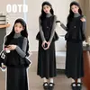 Moda Gestante outono e inverno novo vestido regata com babados conjunto base de três peças barra em cauda de peixe cobre a barriga justo peça externa cinza escuro