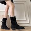 Nuevas Botines Retro de Gamuza para Mujer 2025 Botas Vaqueras Western con Tacón Medio Grueso Botas de Pelo Alto para Otoño e Invierno en Marrón