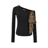 2530-25 Nuevo Estilo Otoño Estilo Europeo y Americano Sexy Estampado de Leopardo Cordón Cierre de Cordones Hombro Asimétrico Manga Larga Camiseta Interior Camiseta