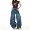 Jeans Larga de Cor Blocada Bordado Resistente Estilo Americano para Mulheres, Calça Longa Azul Vintage, Comprimento Estendido Azul Vintage