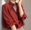 Camisa Roja de Estilo Francés de Lujo Ligero con Cuello Alto para Mujer, Blusa Única y Hermosa de Manga Media para Primavera y Otoño