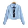 Camisa Americana 2024 Nuevo Estilo Universitario Manga Larga para Mujer Deseo Puro Chica Picante Cintura Ajustada Adelgazante Solapa Top Corto